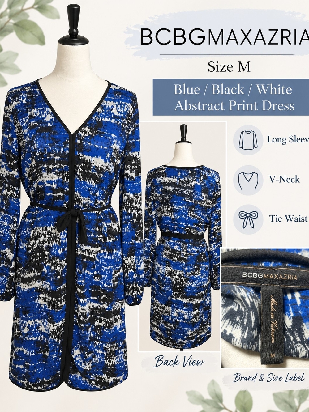 BCBGMAXAZRIA Blue, Black & White V-Neck Tie-Waist Abstract Print Dress